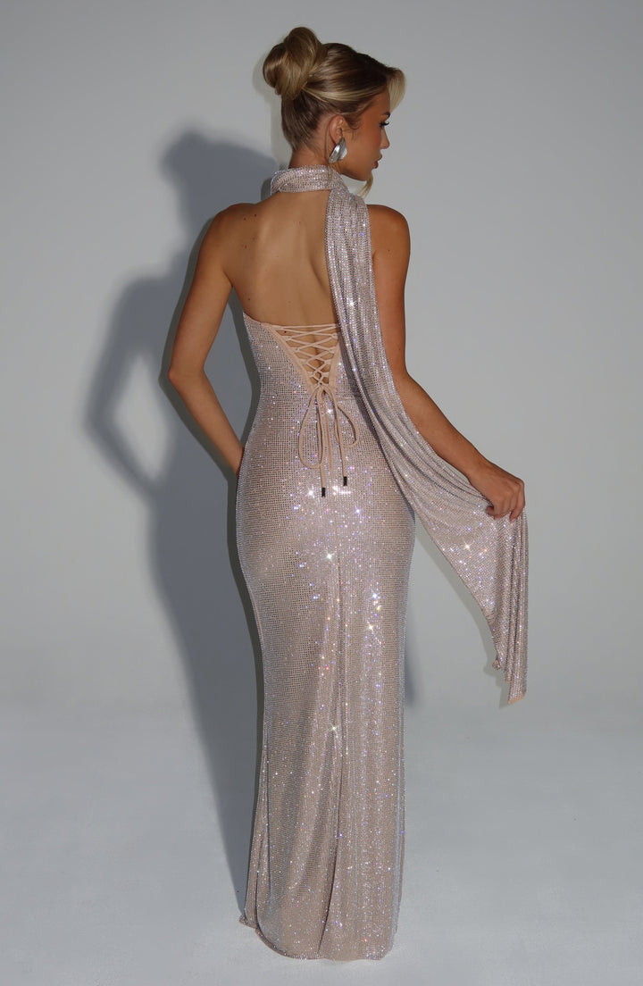 Strapless Rhinestone Mesh Maxi Dress with Corset Bodice and Lace-Up Back 19