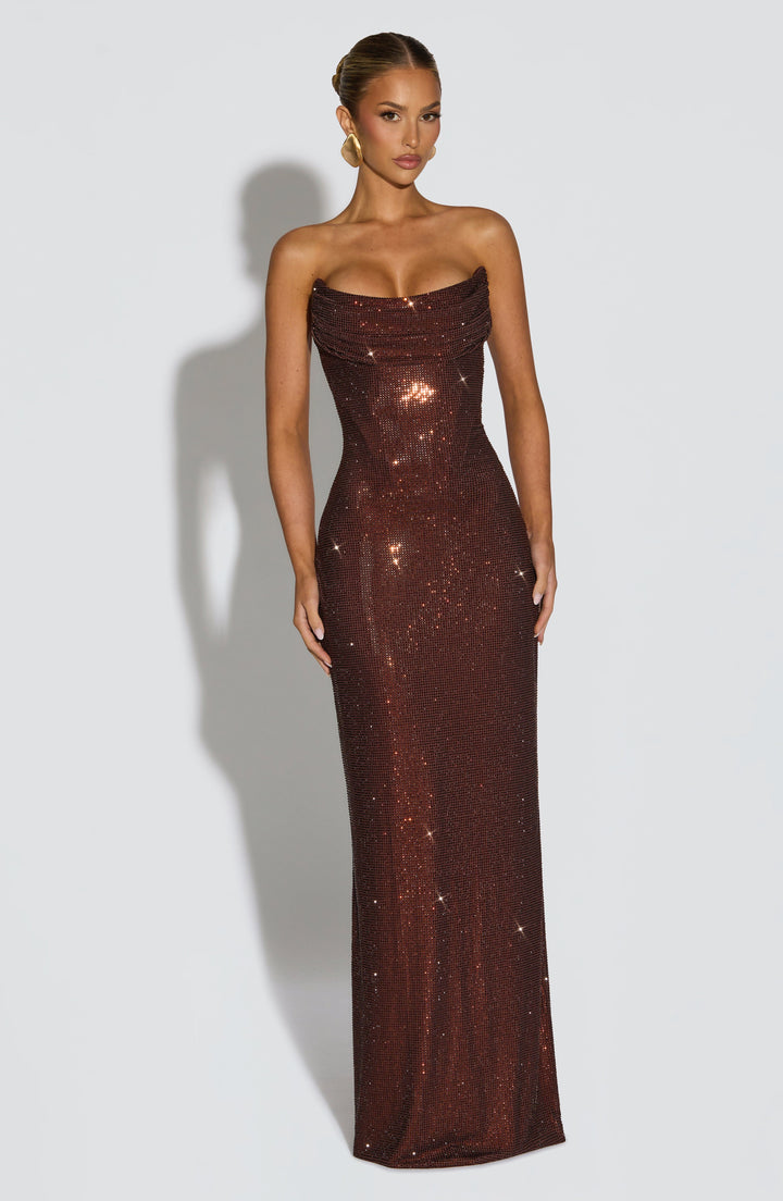 Strapless Rhinestone Mesh Maxi Dress with Corset Bodice and Lace-Up Back 14