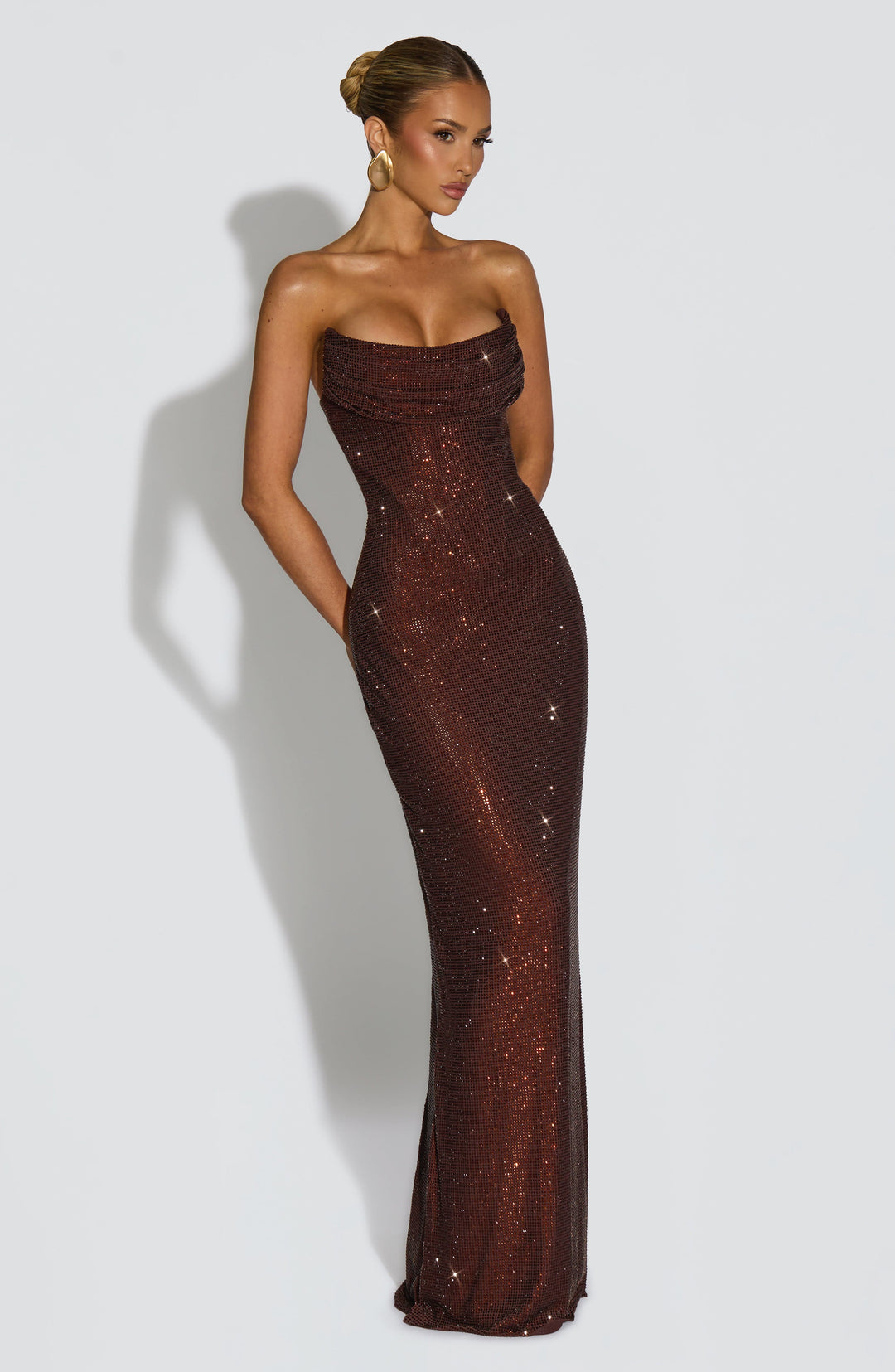 Strapless Rhinestone Mesh Maxi Dress with Corset Bodice and Lace-Up Back 12