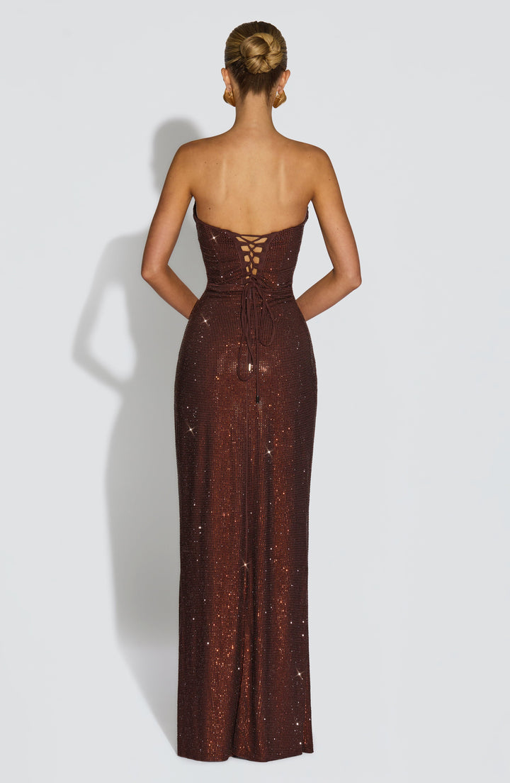 Strapless Rhinestone Mesh Maxi Dress with Corset Bodice and Lace-Up Back 8