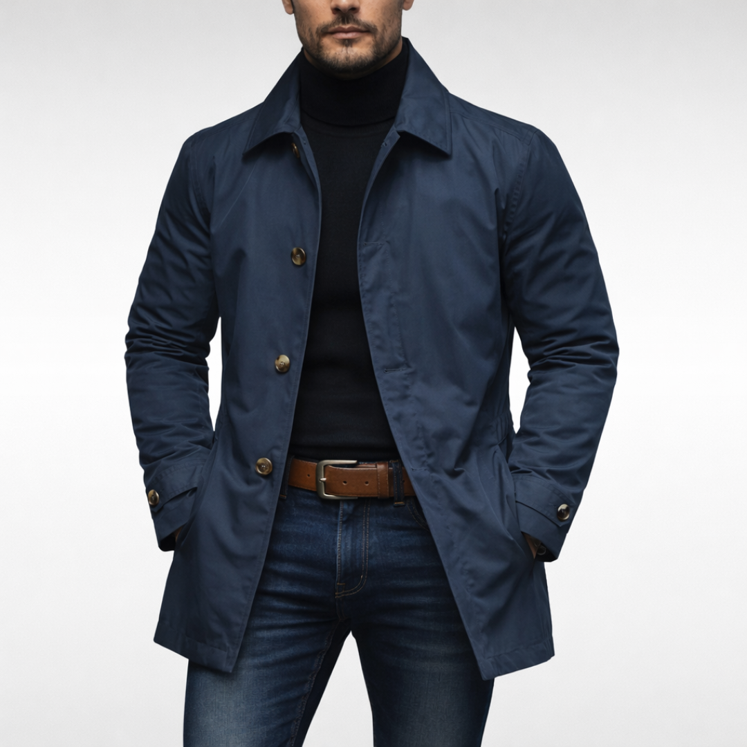 Men's Mid-Length Button-Front Coat with Classic Turn-Down Collar 3