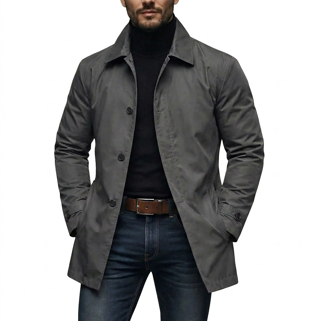 Men's Mid-Length Button-Front Coat with Classic Turn-Down Collar 1