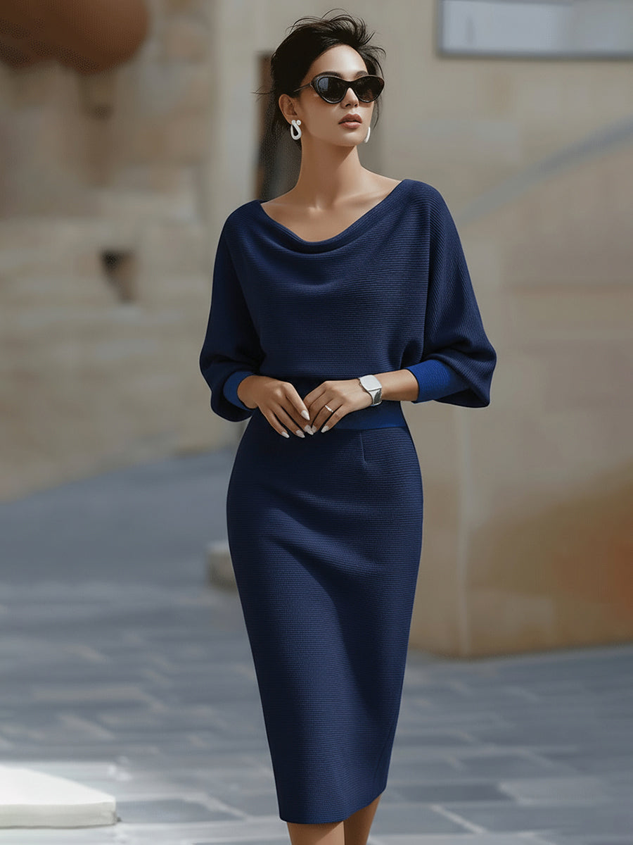 Elegant Draped Midi Dress with Boat Neckline and Fitted Cut 6