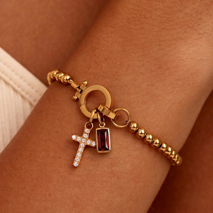 Nova Bead Birthstone Bracelet with Cross Charm 15