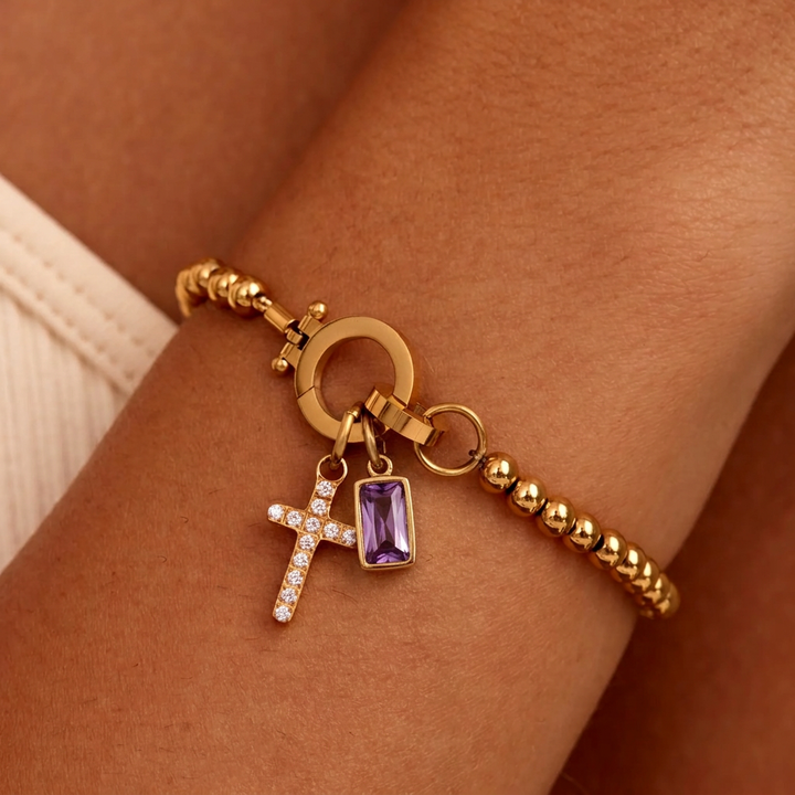 Nova Bead Birthstone Bracelet with Cross Charm 17