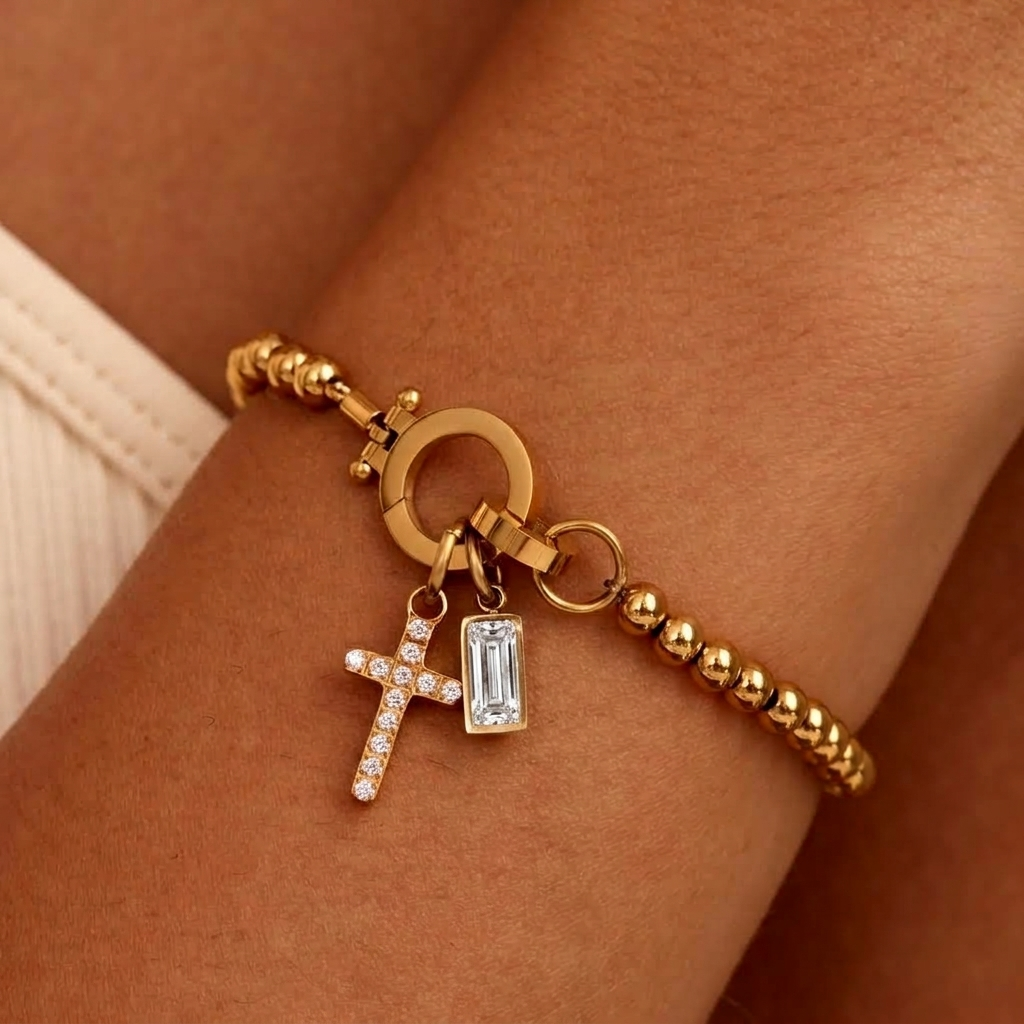 Nova Bead Birthstone Bracelet with Cross Charm 21
