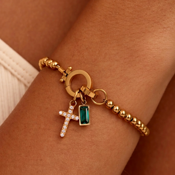 Nova Bead Birthstone Bracelet with Cross Charm 23