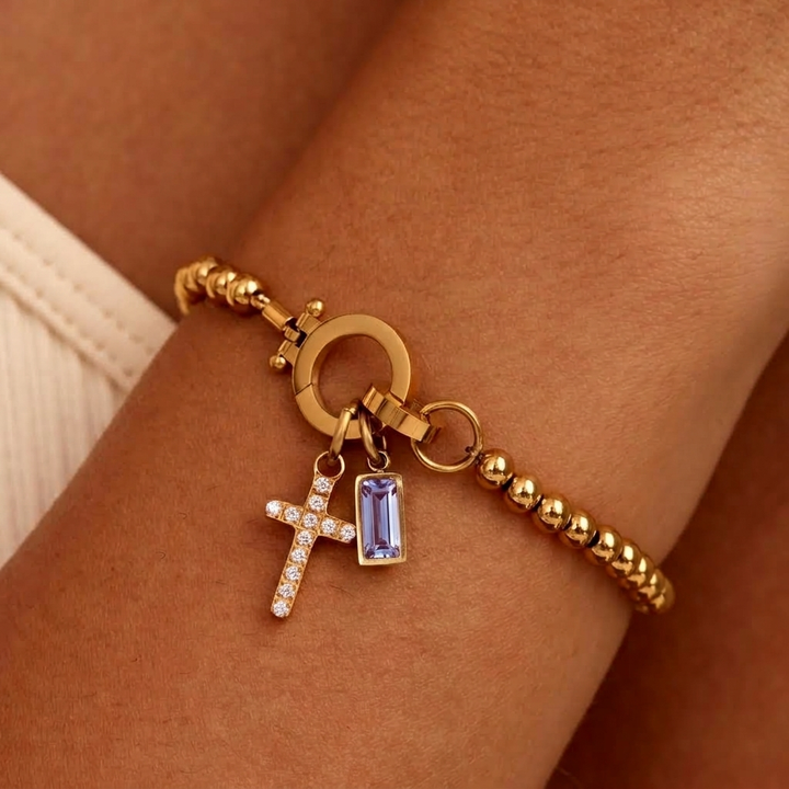 Nova Bead Birthstone Bracelet with Cross Charm 25