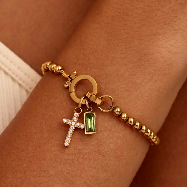 Nova Bead Birthstone Bracelet with Cross Charm 29