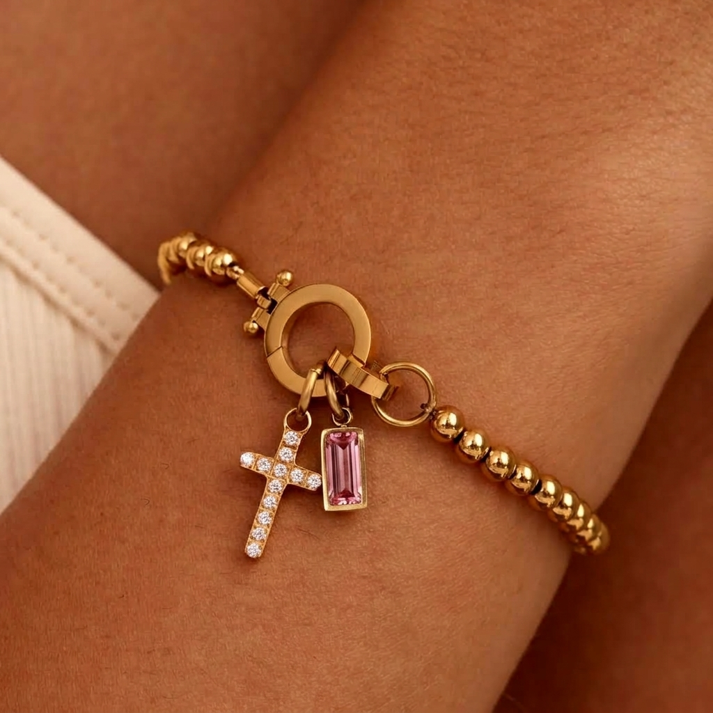 Nova Bead Birthstone Bracelet with Cross Charm 33