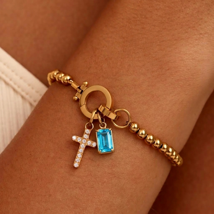 Nova Bead Birthstone Bracelet with Cross Charm 37
