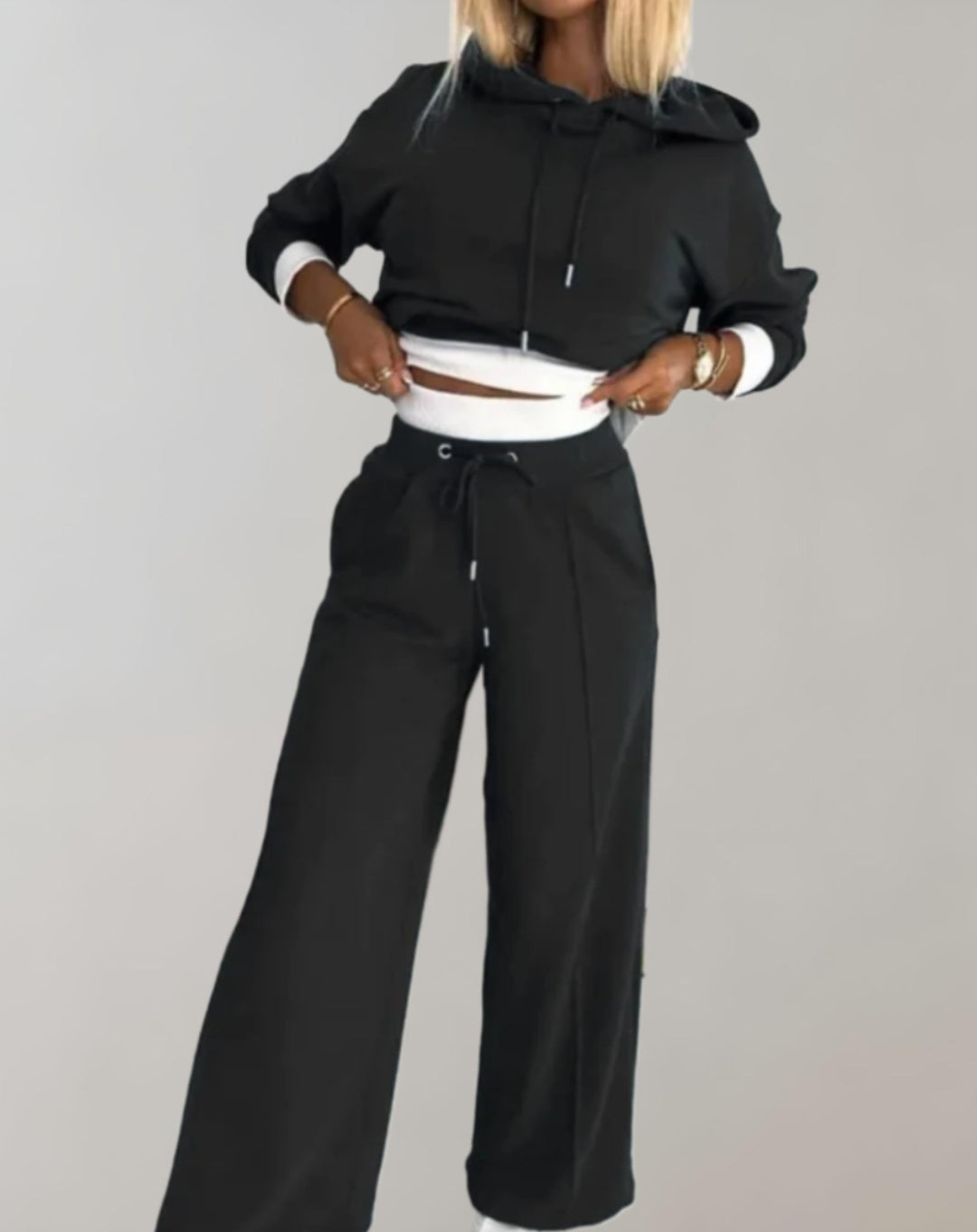 Women's Two Piece Hoodie & Wide Leg Pants Set - Cotton Blend Loungewear 1
