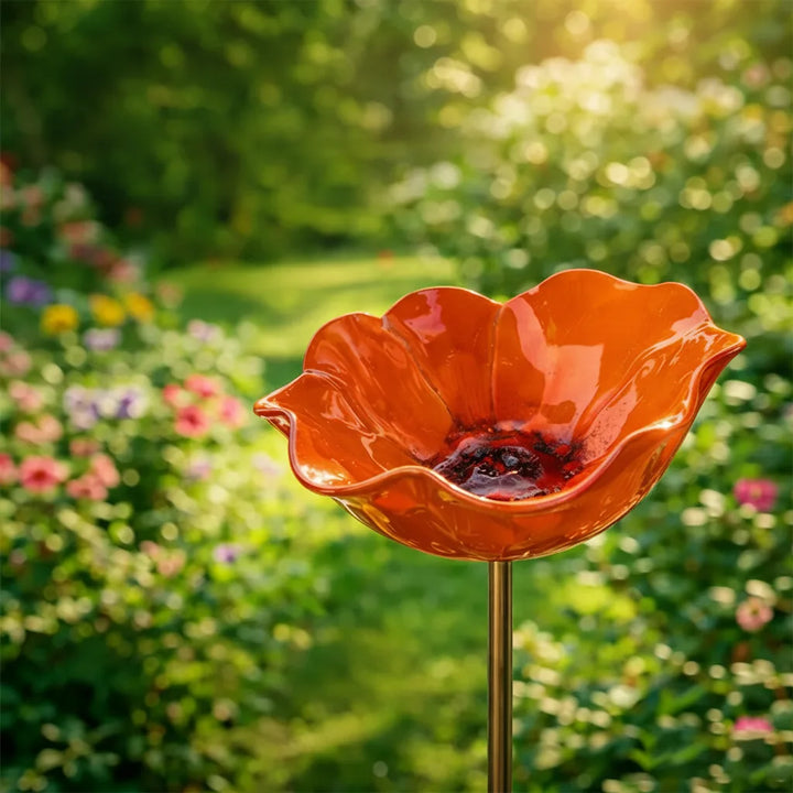 Metal Poppy Flower Bird Bath Stake - Garden & Balcony Decor, 60cm 10