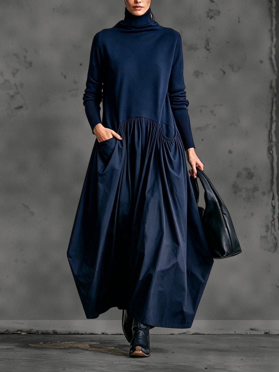 Oversized Maxi Dress with Mock Neck, Gathered Skirt and Pockets 6
