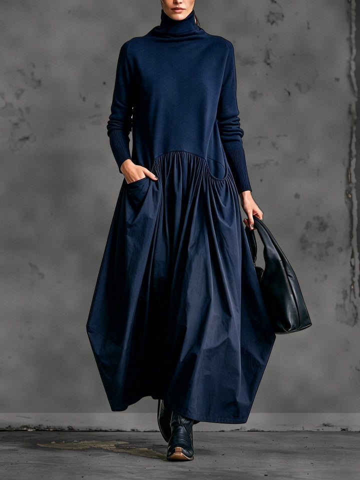 Oversized Maxi Dress with Mock Neck, Gathered Skirt and Pockets 6