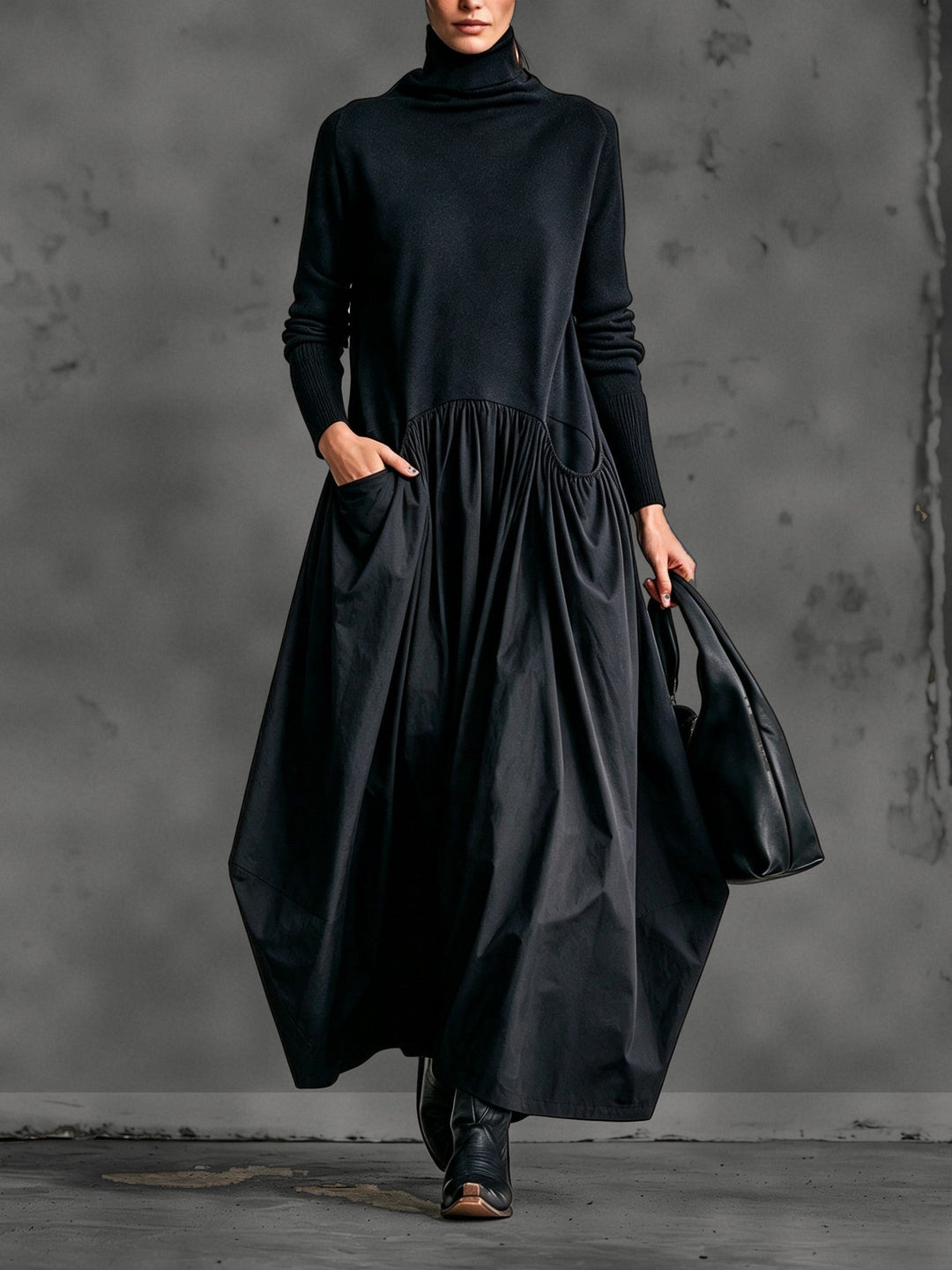 Oversized Maxi Dress with Mock Neck, Gathered Skirt and Pockets 1