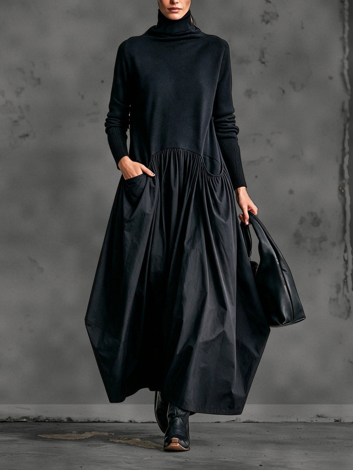 Oversized Maxi Dress with Mock Neck, Gathered Skirt and Pockets 1
