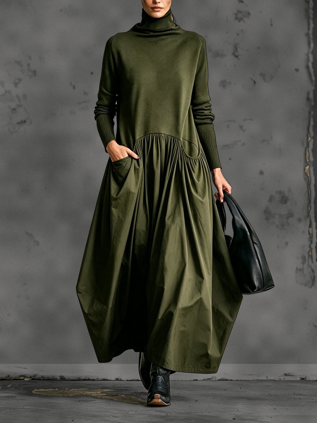 Oversized Maxi Dress with Mock Neck, Gathered Skirt and Pockets 4