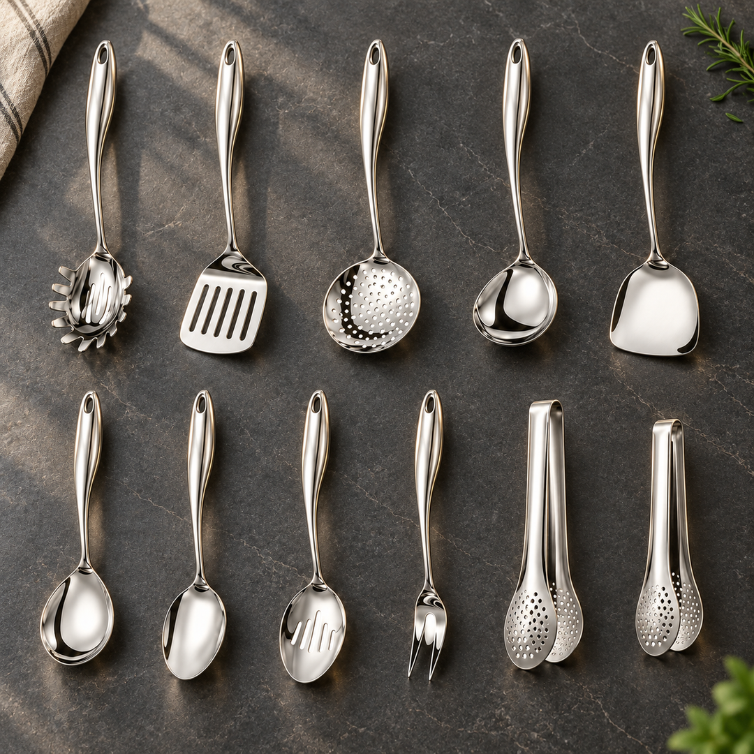 Stainless Steel Kitchen Utensil Set with Curved Handles, 3 to 11 Pieces 8