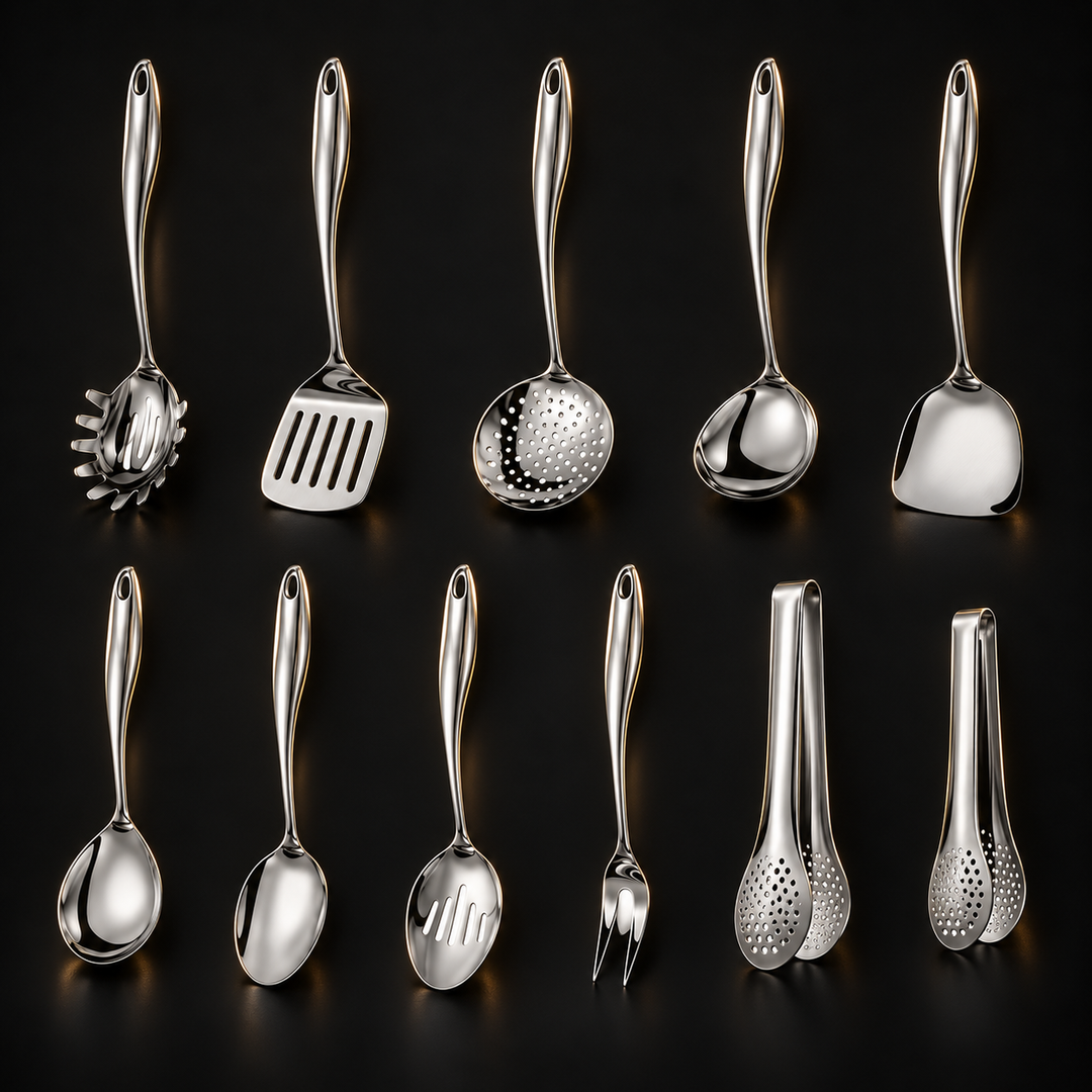 Stainless Steel Kitchen Utensil Set with Curved Handles, 3 to 11 Pieces 4