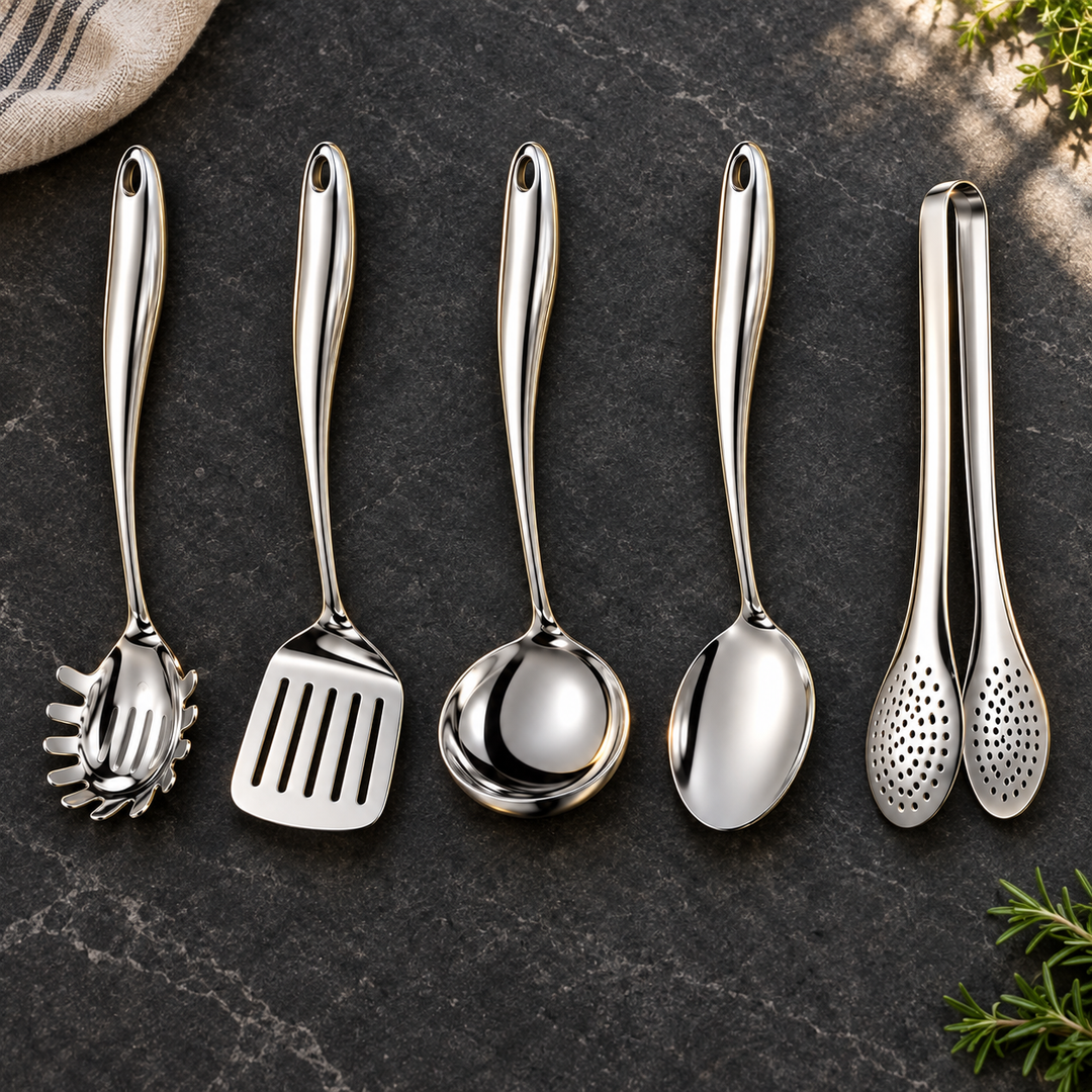 Stainless Steel Kitchen Utensil Set with Curved Handles, 3 to 11 Pieces 6