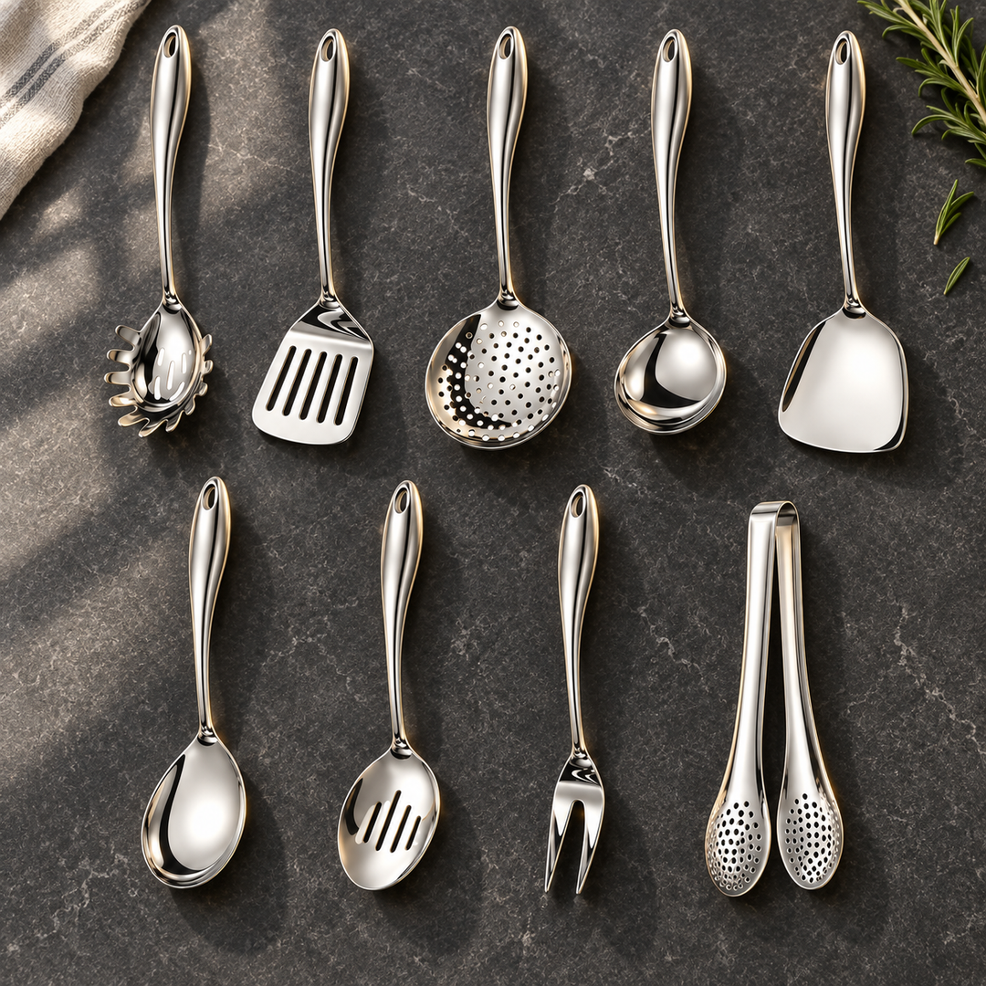 Stainless Steel Kitchen Utensil Set with Curved Handles, 3 to 11 Pieces 7