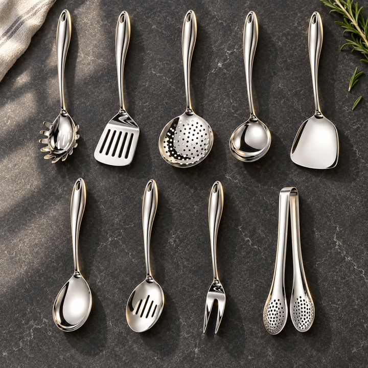 Stainless Steel Kitchen Utensil Set with Curved Handles, 3 to 11 Pieces 7
