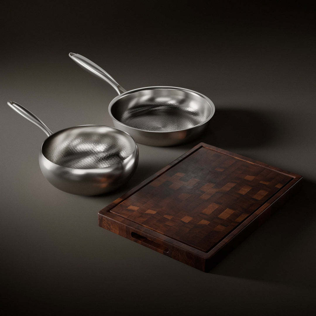 Hammered Titanium Frying Pan & Sauté Pan Set with Walnut Cutting Board and Utensils 1