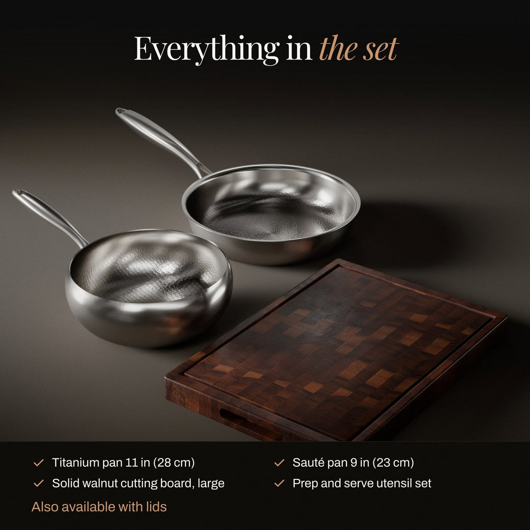 Hammered Titanium Frying Pan & Sauté Pan Set with Walnut Cutting Board and Utensils 2