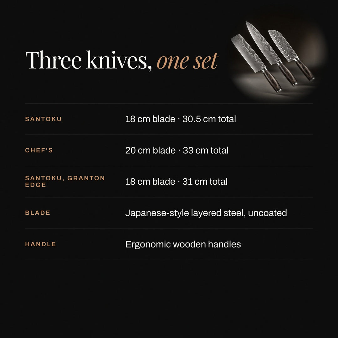 3-Piece Japanese-Style Kitchen Knife Set with Layered Steel Blades 4