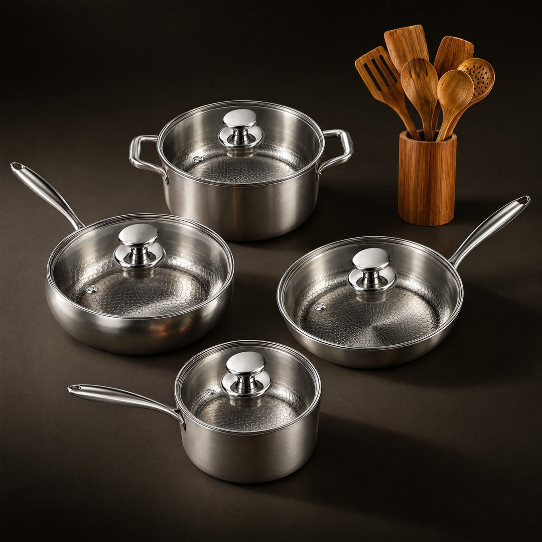 Hammered Titanium Cookware Set: Pan, Sauté Pan, Saucepan, Pot and Wooden Utensils 1