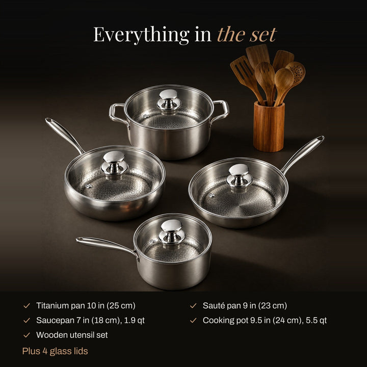 Hammered Titanium Cookware Set: Pan, Sauté Pan, Saucepan, Pot and Wooden Utensils 2