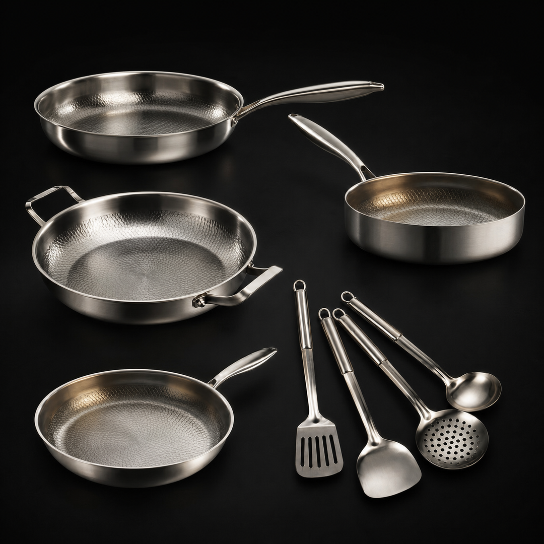 Hand-Hammered Titanium Family Set: 4 Pans & Utensils 1