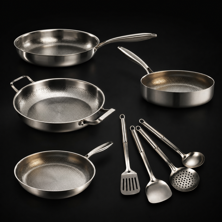 Hand-Hammered Titanium Family Set: 4 Pans & Utensils 1