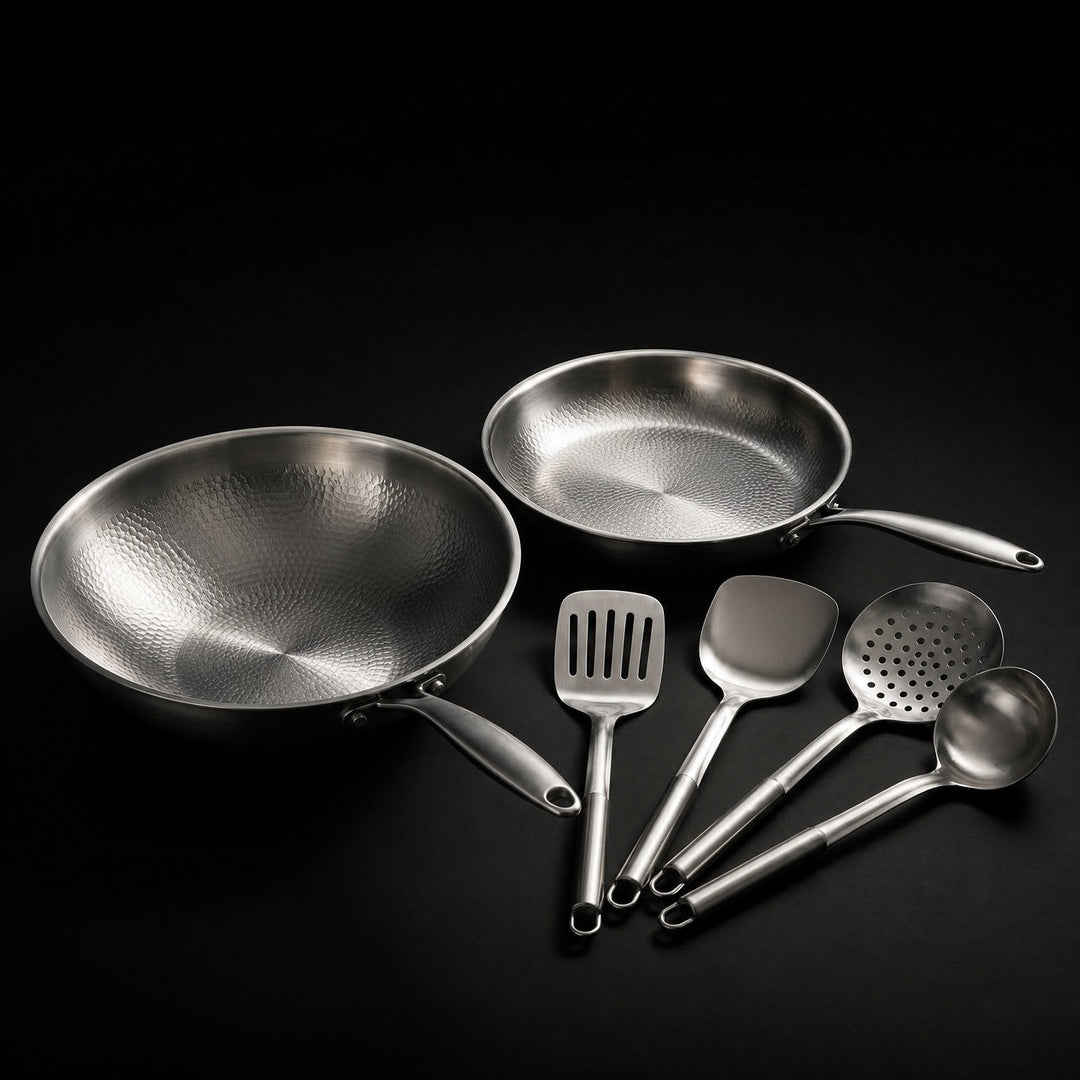 Hand-Hammered Titanium Wok & Fry Pan (10 Inch) with Utensils 1