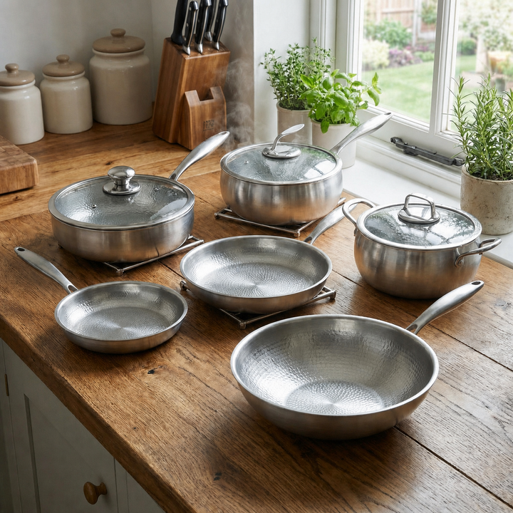 Hand-Hammered Titanium Kitchen Set with 3 Lids (10, 11 & 12 Inch) 3