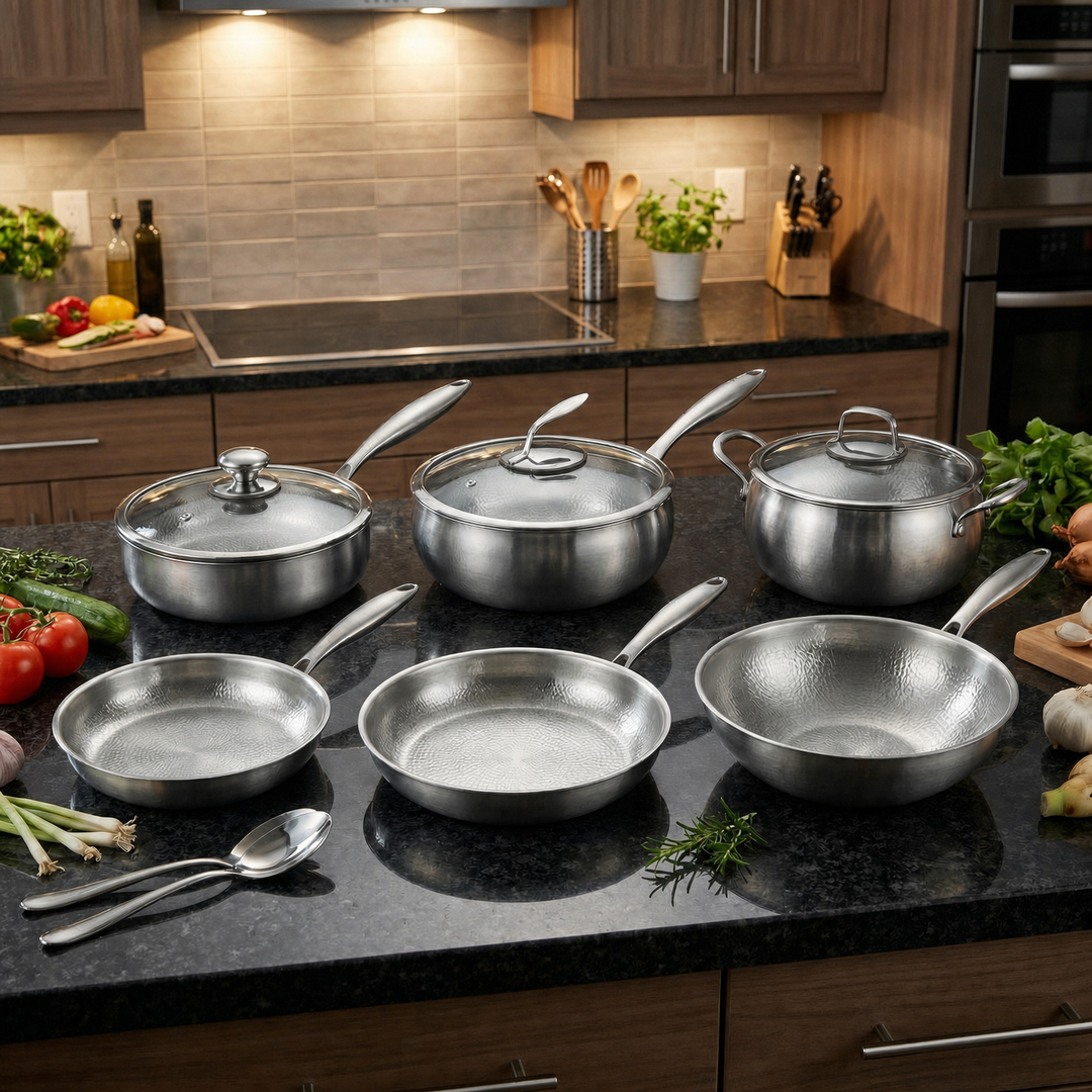 Hand-Hammered Titanium Kitchen Set with 3 Lids (10, 11 & 12 Inch) 2