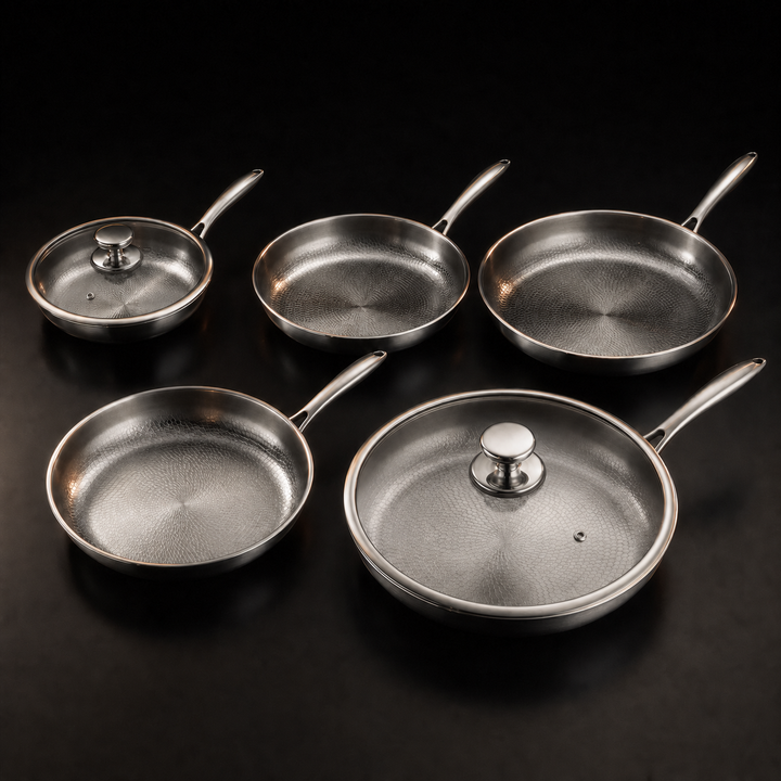 Hand-Hammered Titanium Frying Pan Set with 2 Lids, 5 Sizes 8-12 In 1