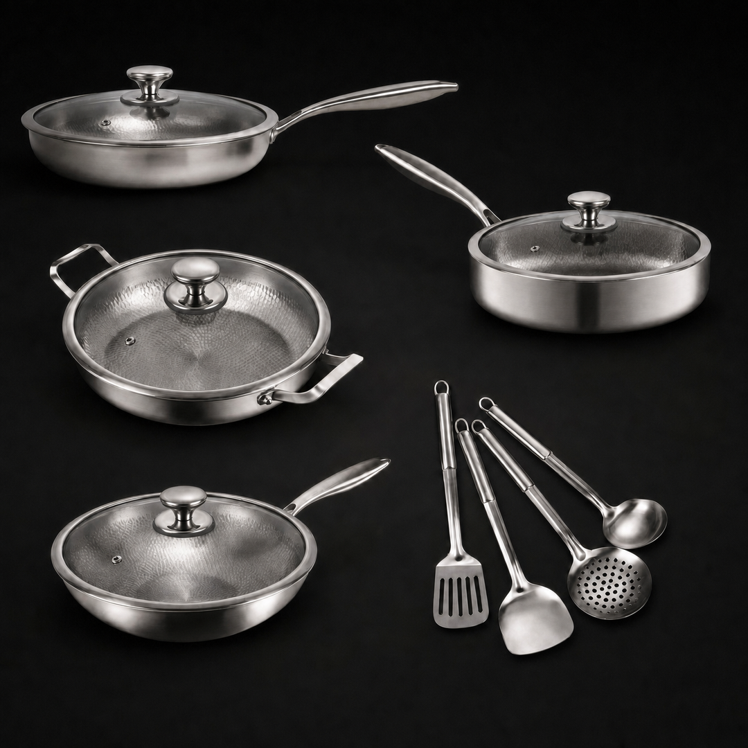 Hand-Hammered Titanium Family Set: 4 Pans & Utensils 2