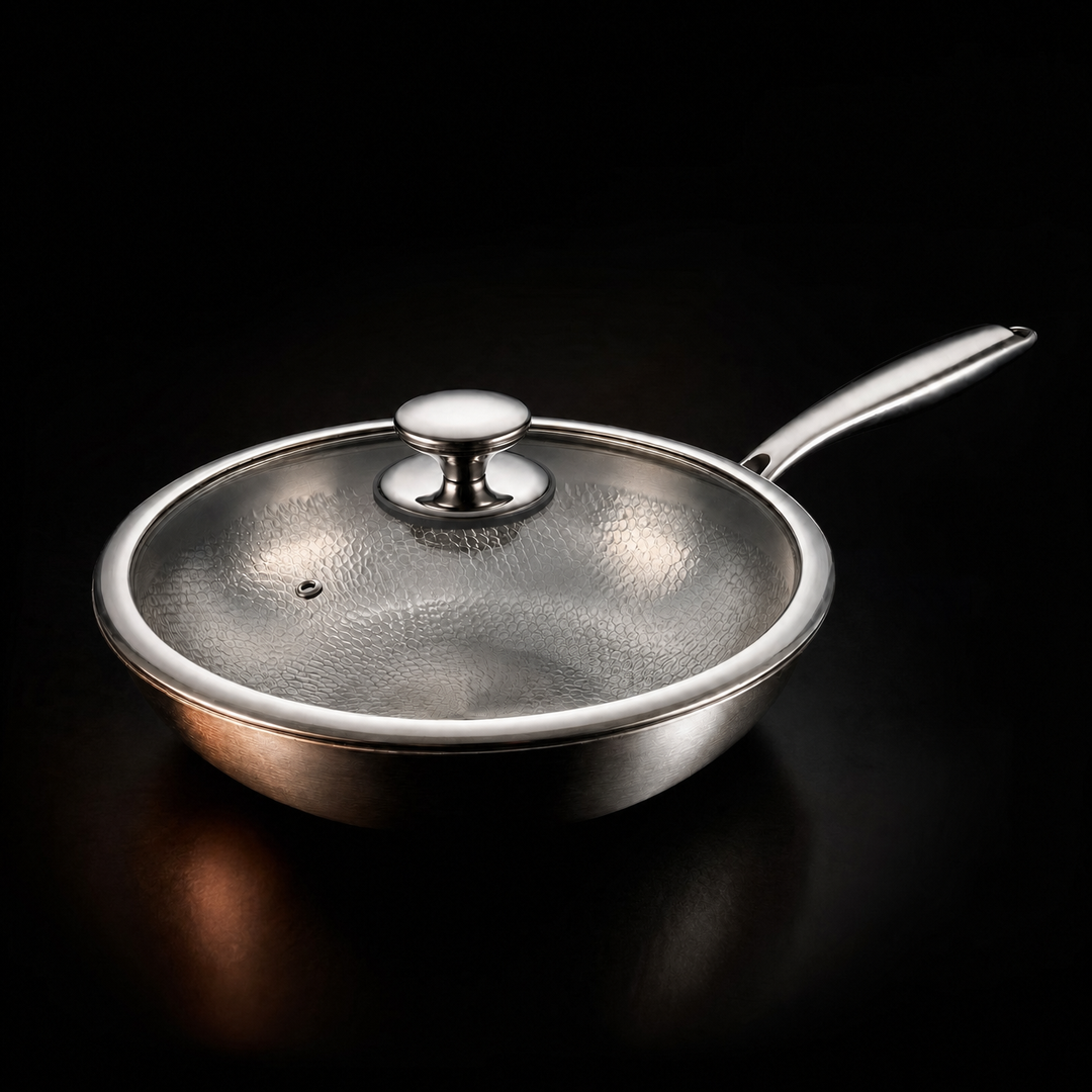 Hammered Titanium Wok Pan with Flat Base, Uncoated and Chemical-Free 4