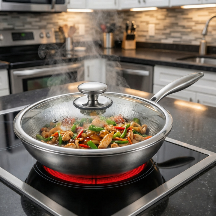 Hammered Titanium Wok Pan with Flat Base, Uncoated and Chemical-Free 7