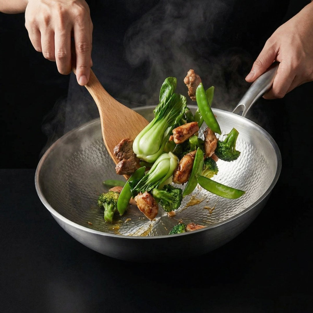 Hammered Titanium Wok Pan with Flat Base, Uncoated and Chemical-Free 8