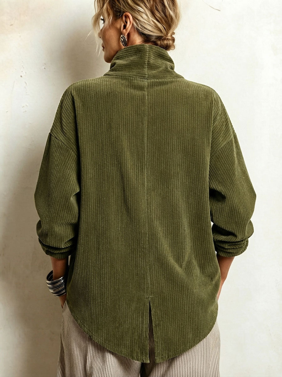 Women's Corduroy Sweater with Decorative Buttons, Round Neck 2