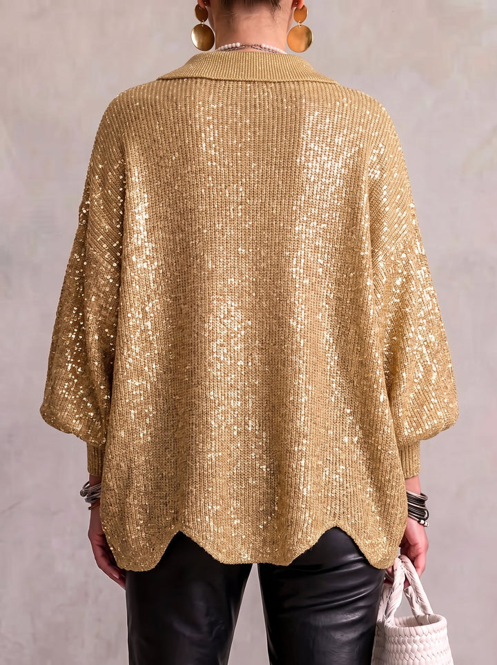 Oversized Scalloped Hem Cardigan with Gold Tone Buttons and Pointed Collar 14