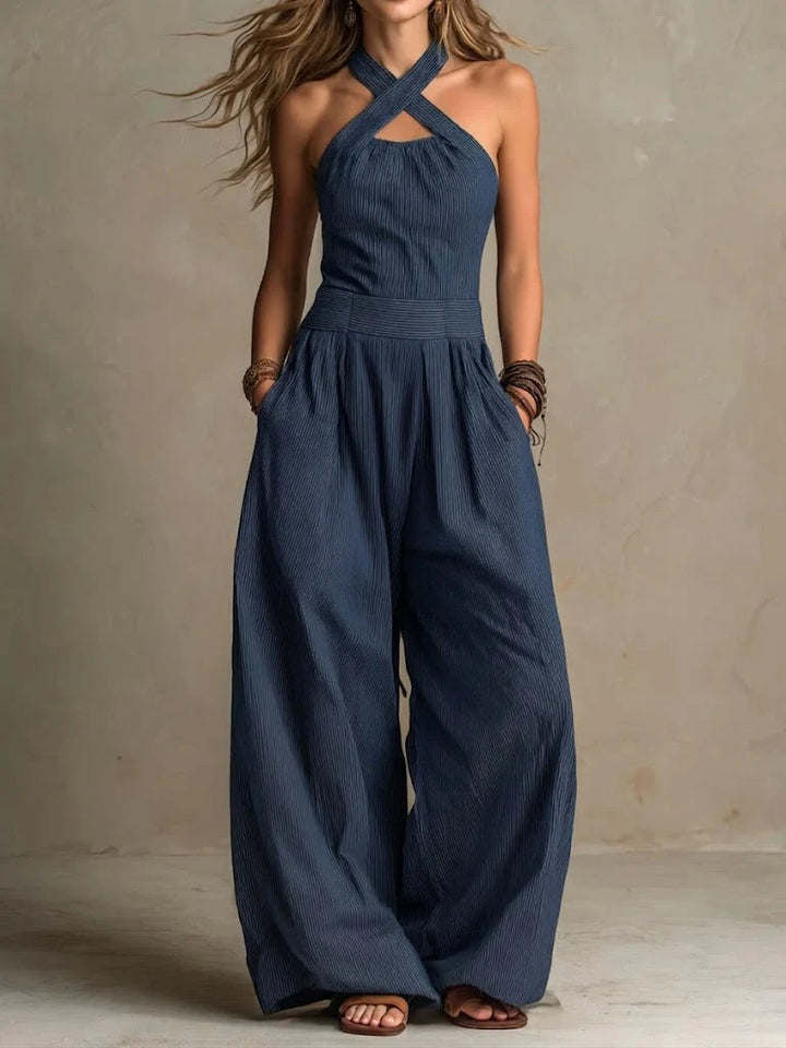 Linen and Cotton Wrap-Neckline Jumpsuit with Pockets and Wide Legs 3
