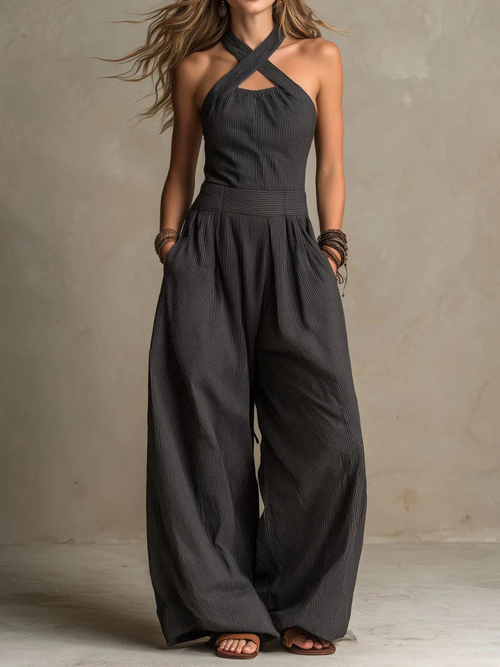 Linen and Cotton Wrap-Neckline Jumpsuit with Pockets and Wide Legs 1