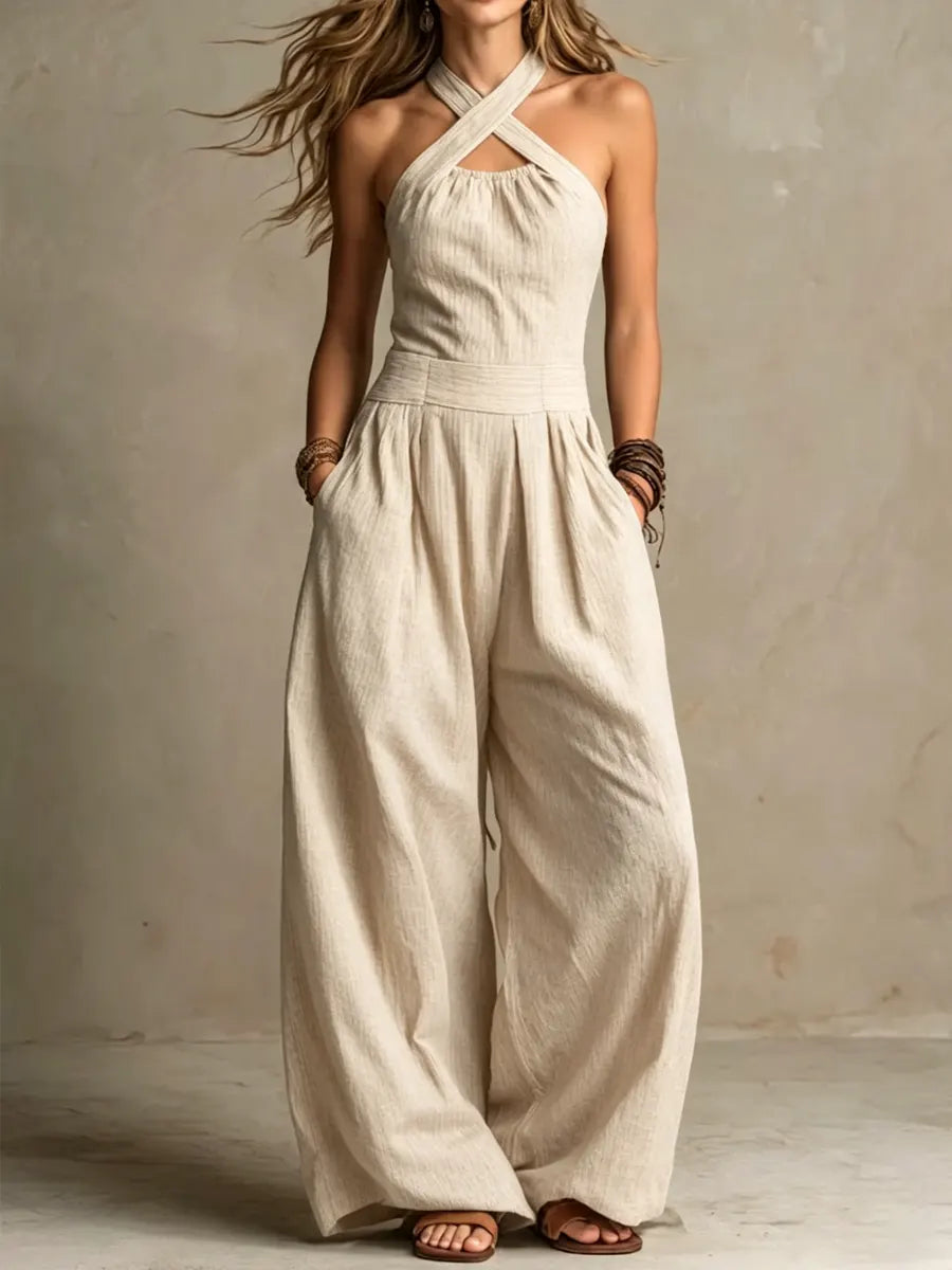 Linen and Cotton Wrap-Neckline Jumpsuit with Pockets and Wide Legs 2