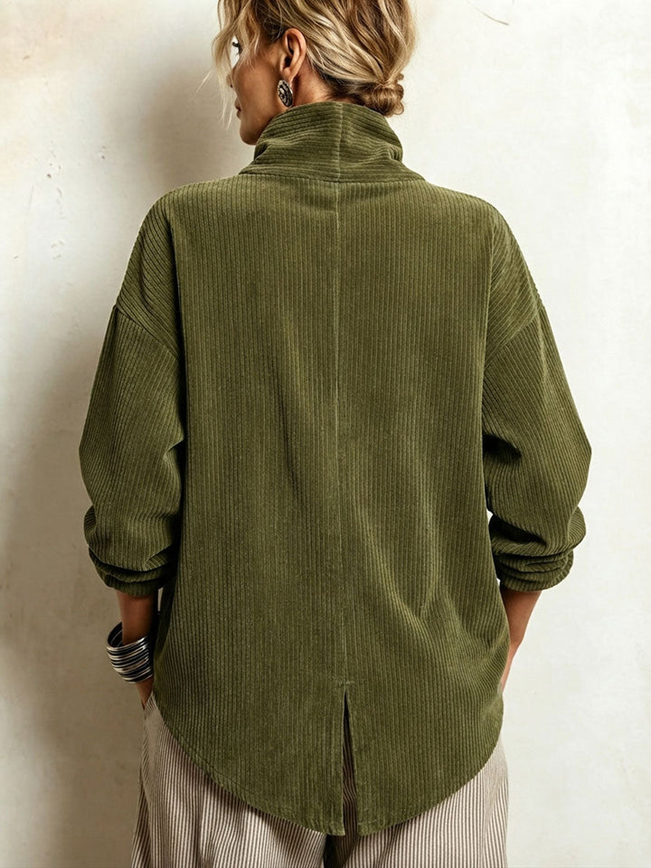 Olive Green Ribbed Corduroy Sweater with High Neck and Diagonal Buttons 3
