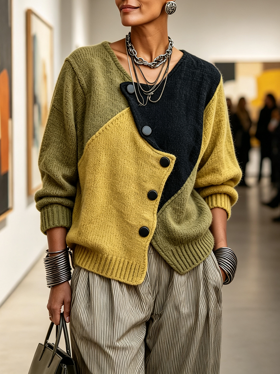 Weston Asymmetric Button-Front Knit Sweater in Olive, Mustard and Black 2