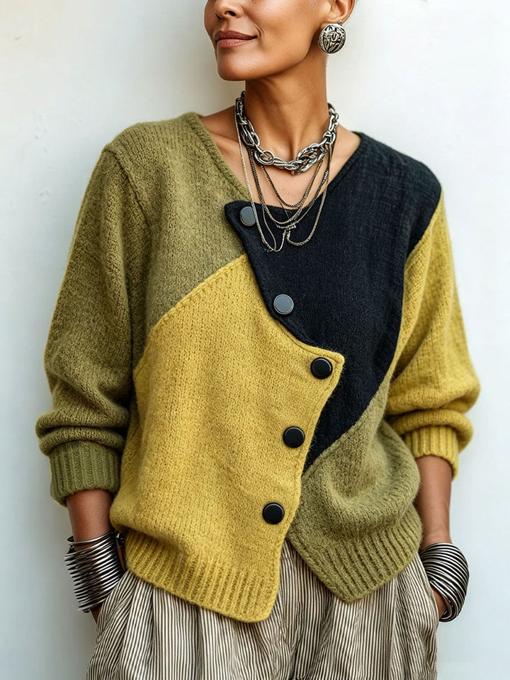 Women's Color Block Knit Sweater with Asymmetrical Buttons, Relaxed Fit 1
